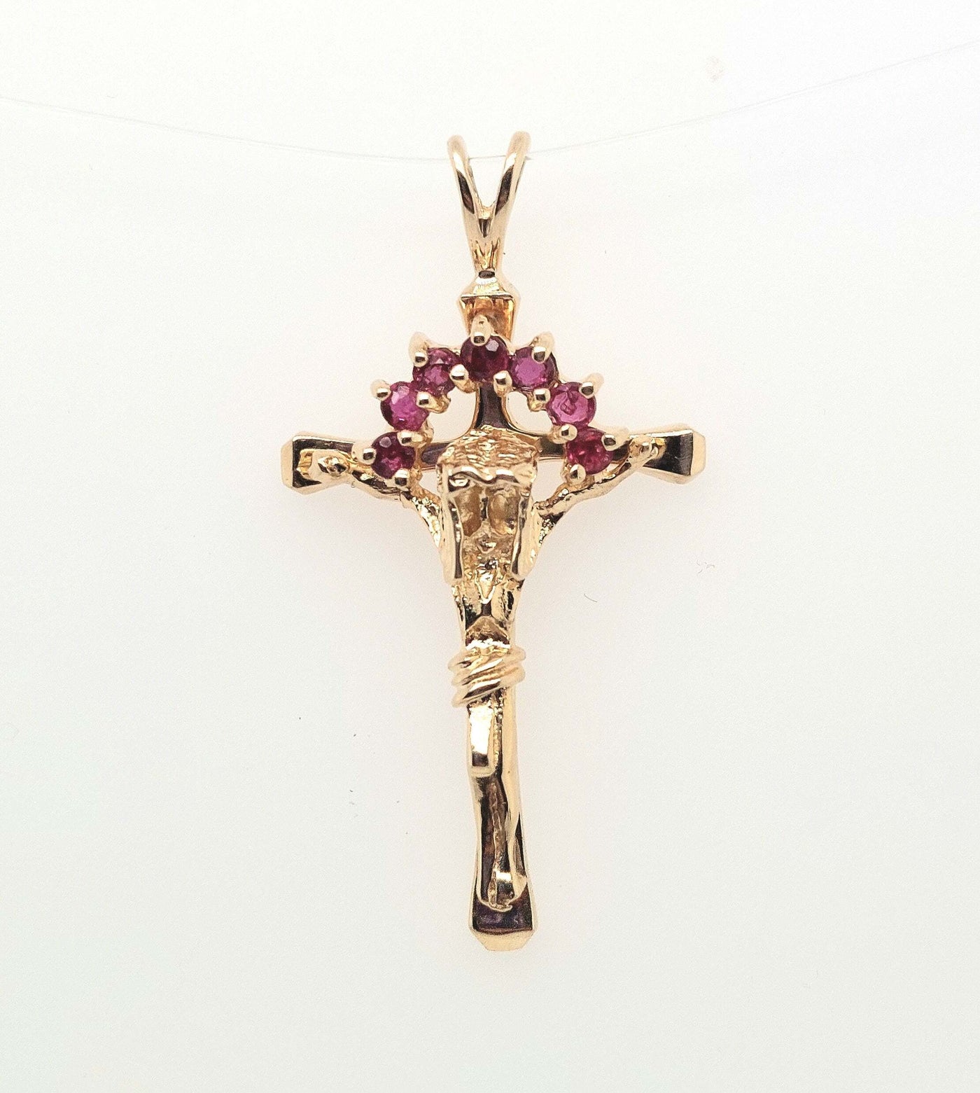 14K Yellow Gold Crucifix with 7 round rubies