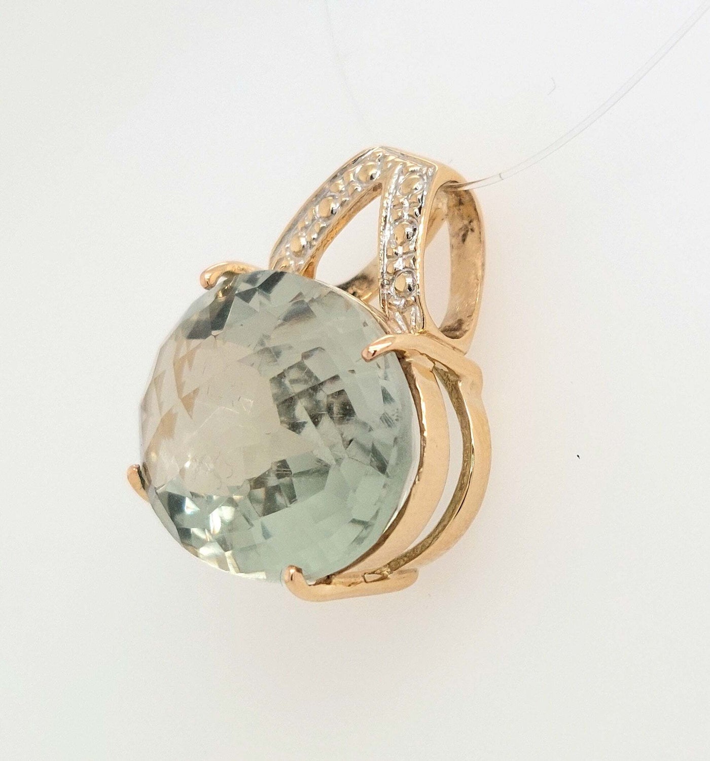 14K Yellow Gold Oval Green Quartz Checkerboard-Cut Pendant