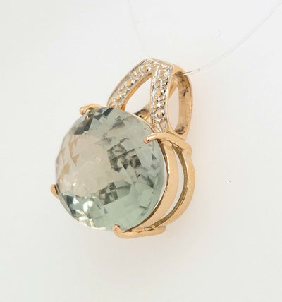14K Yellow Gold Oval Green Quartz Checkerboard-Cut Pendant