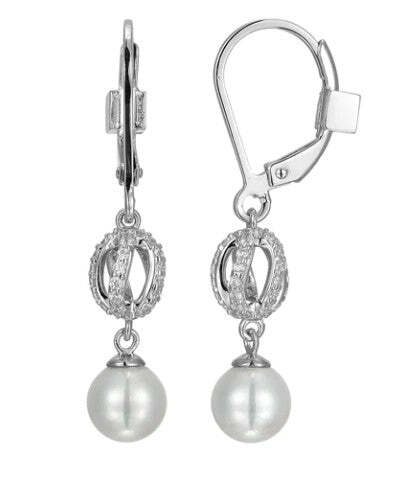 Rhodium Plated SS ELLE "Luna" Pearl and Cubic Zirconia Drop Earrings