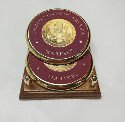 USMC 2 Piece Coaster Set with Wooden Base