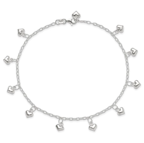 Sterling Silver Polished Puffed Heart Ankle (10 inch)