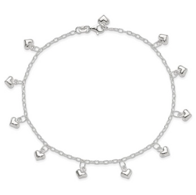 Sterling Silver Polished Puffed Heart Ankle (10 inch)