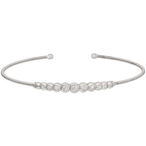 Rhodium Finish SS Cable Cuff Bracelet with Graduated Simulated Diamonds