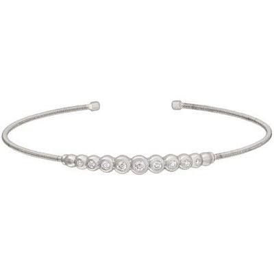 Rhodium Finish SS Cable Cuff Bracelet with Graduated Simulated Diamonds