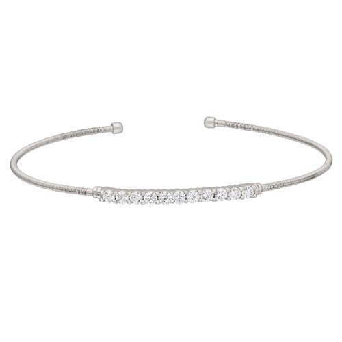Rhodium Finish SS Cable Cuff Bracelet with Simulated Diamonds