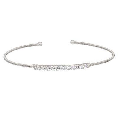 Rhodium Finish SS Cable Cuff Bracelet with Simulated Diamonds