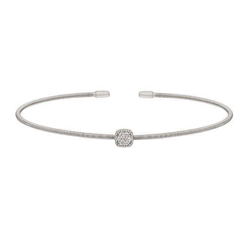 Rhodium Finish SS Single Cable Cuff Bracelet with Rhodium Finish Simulated Diamonds