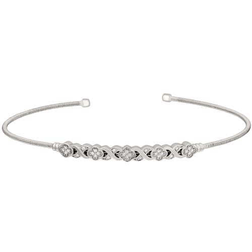 Rhodium Finish SS Cable Cuff Bracelet with Simulated Diamond XO Flower Design