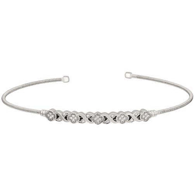 Rhodium Finish SS Cable Cuff Bracelet with Simulated Diamond XO Flower Design