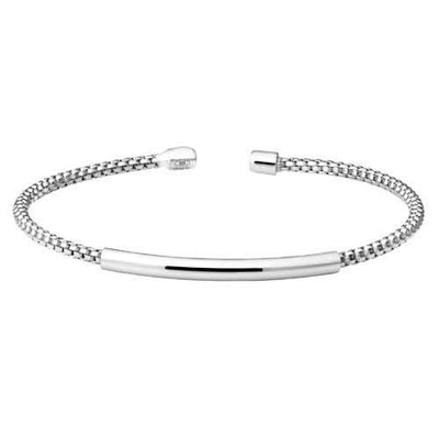 Rhodium Finish SS Rounded Box Link Cuff Bracelet with High Polished Bar