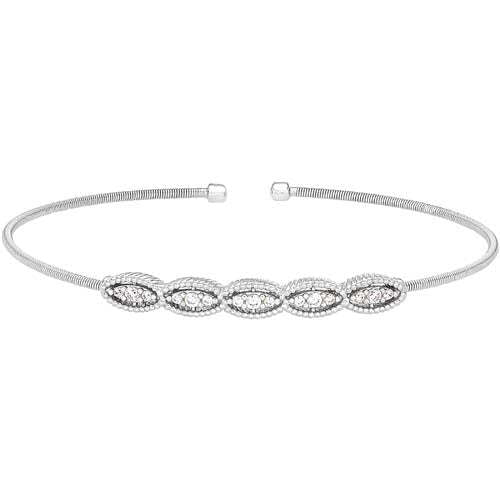 Rhodium Finish SS Cable Cuff Bracelet with Five Simulated Diamond Marquise Shapes