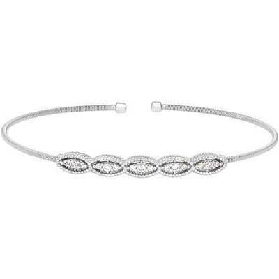 Rhodium Finish SS Cable Cuff Bracelet with Five Simulated Diamond Marquise Shapes