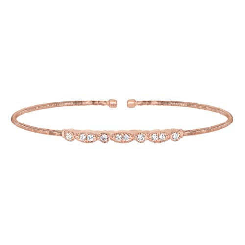 Rose Gold Finish SS Cable Cuff Bracelet with Simulated Diamond Marquis & Round Design