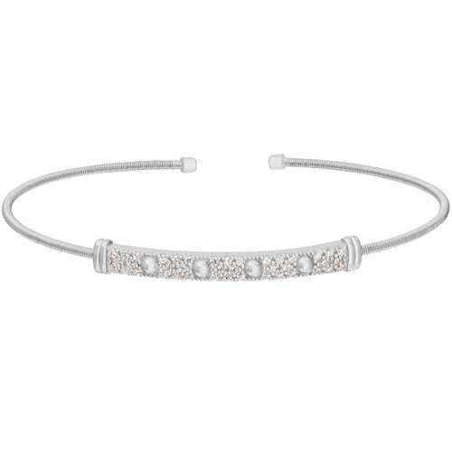 Rhodium Finish SS Cable Cuff Bracelet with Four Beads & Simulated Diamonds