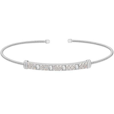 Rhodium Finish SS Cable Cuff Bracelet with Four Beads & Simulated Diamonds