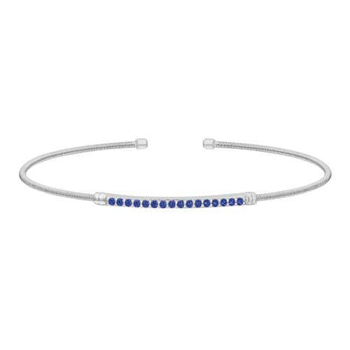 Rhodium Finish SS Cable Cuff Bracelet with Simulated Blue Sapphire Birth Gems - September