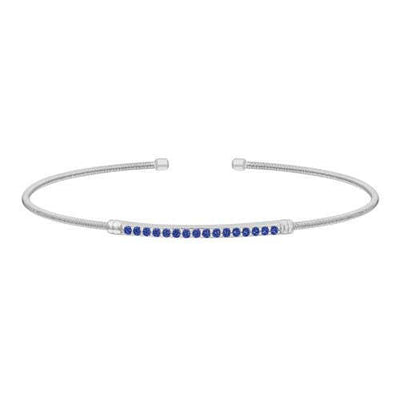 Rhodium Finish SS Cable Cuff Bracelet with Simulated Blue Sapphire Birth Gems - September