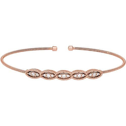 Rose Gold Finish SS Cable Cuff Bracelet with Five Simulated Diamond Marquise Shapes