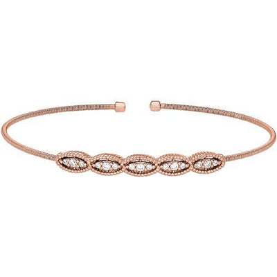 Rose Gold Finish SS Cable Cuff Bracelet with Five Simulated Diamond Marquise Shapes