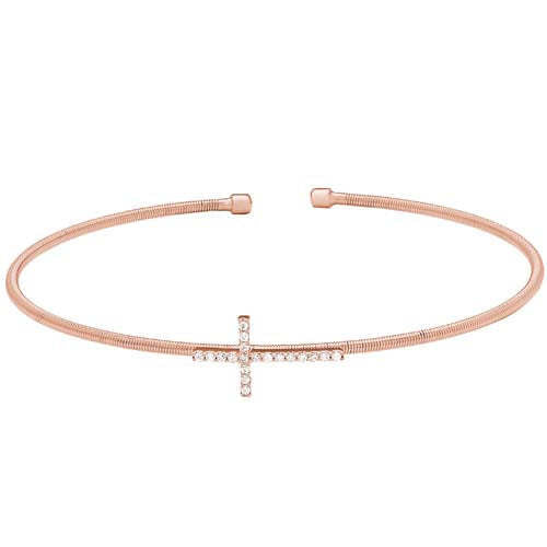 Rose Gold Finish SS Cable Cuff CroSS Bracelet with Simulated Diamonds