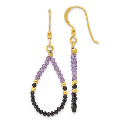 SS Gold-pltd Amethyst/Black Spinel Teardrop Dangle Earrings