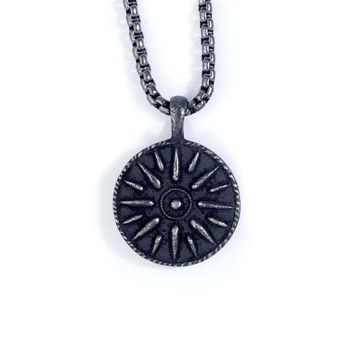 Black StainleSS Steel N, S, E, W Medallion on 22" 2.5mm Gun Metal Rounded Box Chain