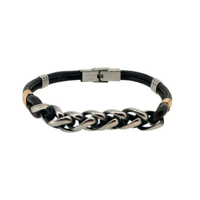 Black Leather 2 Cord Bracelet With StainleSS Steel Central Wheat Chain