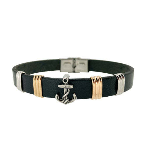 Black Leather 1 Cord Bracelet With Central StainleSS Steel Anchor