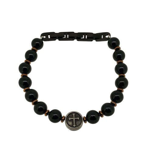 Black Beaded Stone Bracelet With StainleSS Steel CroSS