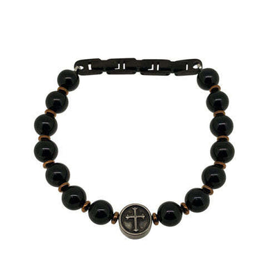 Black Beaded Stone Bracelet With StainleSS Steel CroSS