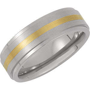 7mm Satin/Polished Titanium and 14K Gold Inlay Ridged Band Size: 8.5