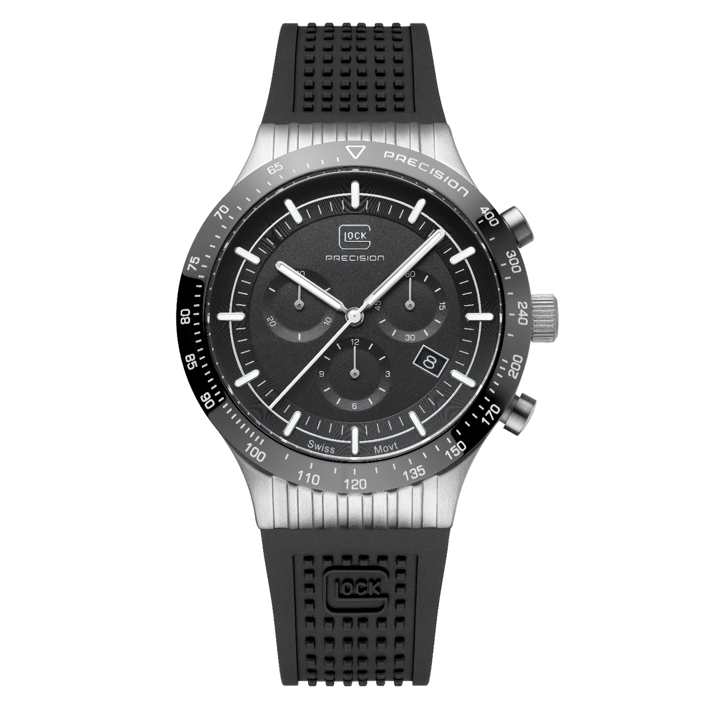 Gents Steel Glock Watch with Black Chronodial and Steel Mesh Strap
