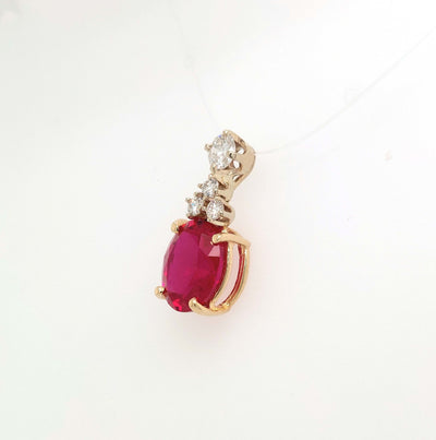 14K Yellow Gold Oval 11x9mm Lab-Grown Ruby Pendant w/ approx. 0.59ctTW H-I/SI1 Diamond Accents 2.6g
