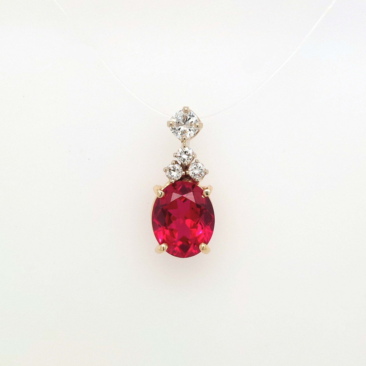 14K Yellow Gold Oval 11x9mm Lab-Grown Ruby Pendant w/ approx. 0.59ctTW H-I/SI1 Diamond Accents 2.6g