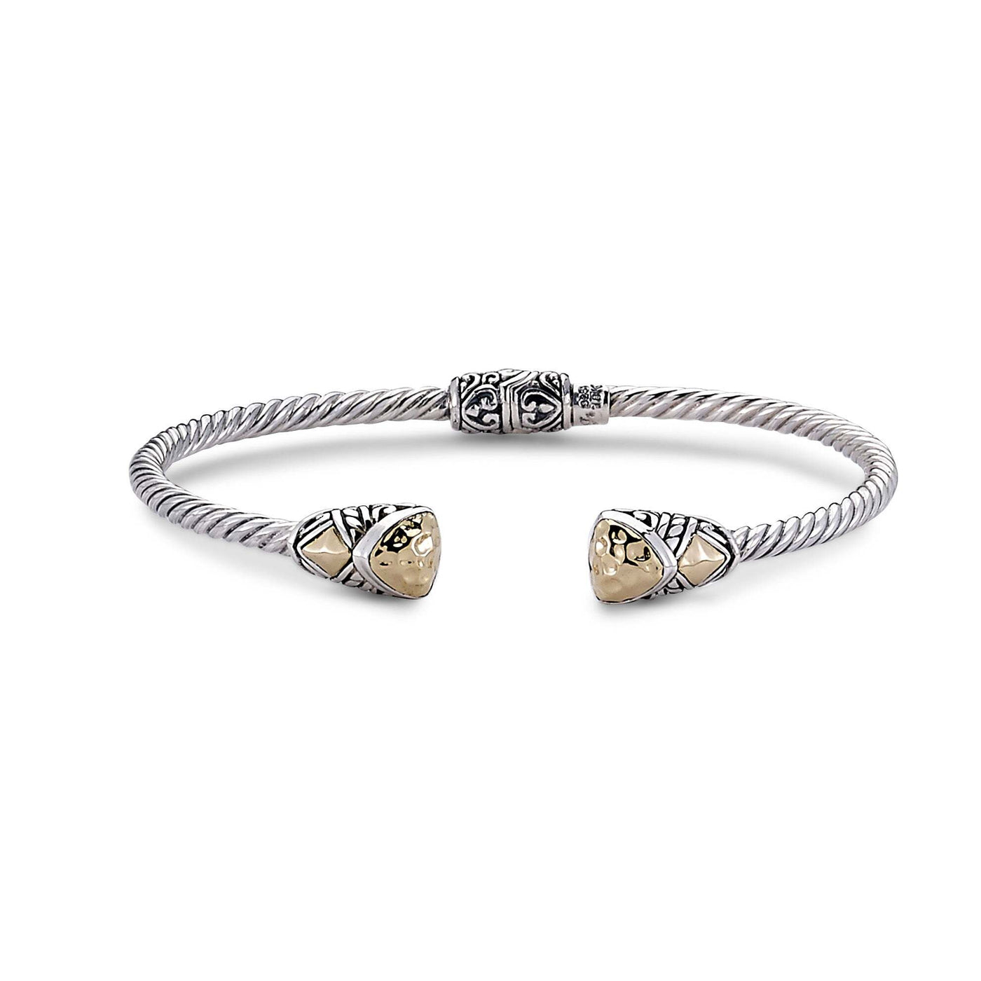 SS & 18K Yellow Gold 3mm Bangle With Trillion Shape Hammered Gold