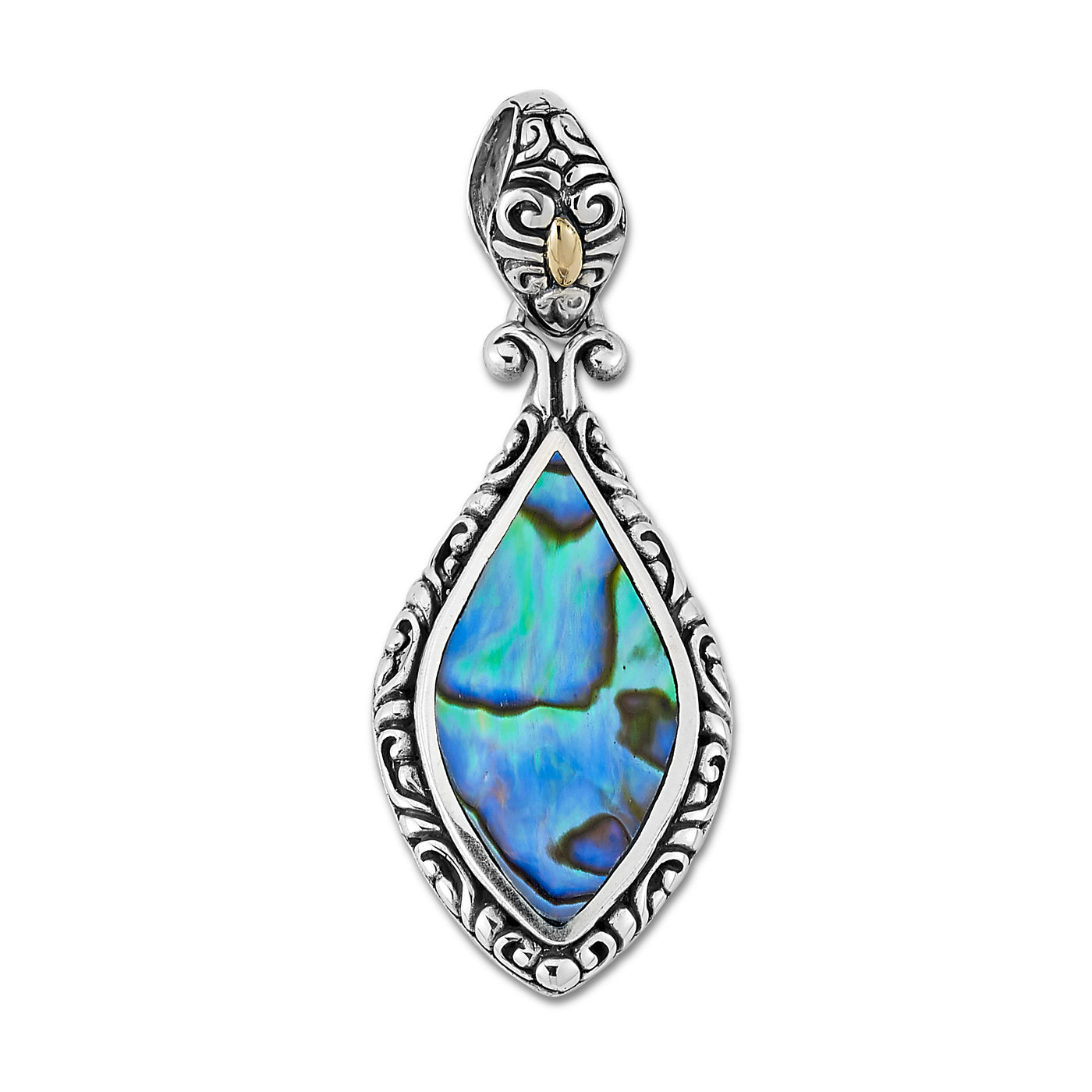SS and 18K Yellow Gold Abalone Marquise Shape "Banta" Pendant with Filigree Design