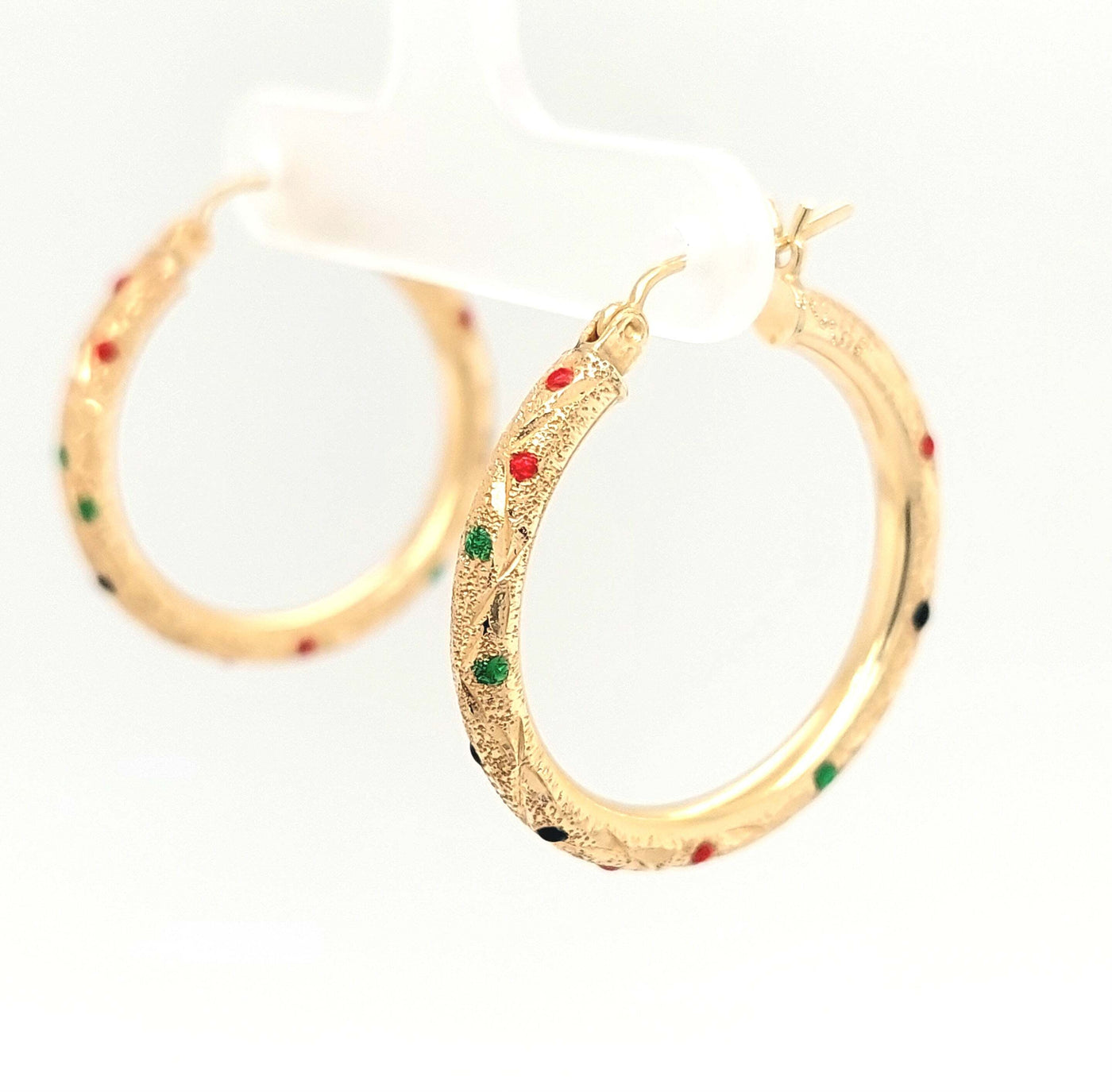 14K Yellow Gold Satin Finish 1" Hoop Earrings w/ Red,Green & Blue Accents