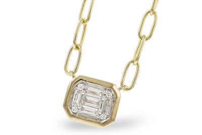14K Yellow Gold Emerald-Shape Diamond Cluster Necklace on Elongated Cable Chain (18 inches)