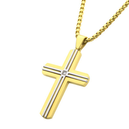 StainleSS Steel Thin Line Layered CroSS Pendant with Lab-Grown Diamond Accent