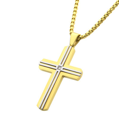 StainleSS Steel Thin Line Layered CroSS Pendant with Lab-Grown Diamond Accent
