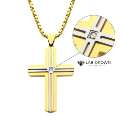 StainleSS Steel Thin Line Layered CroSS Pendant with Lab-Grown Diamond Accent