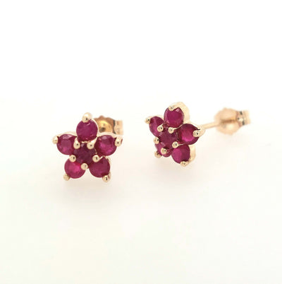 10K Yellow Gold Natural Ruby Cluster Stud Earrings Gram Weight:1.17g