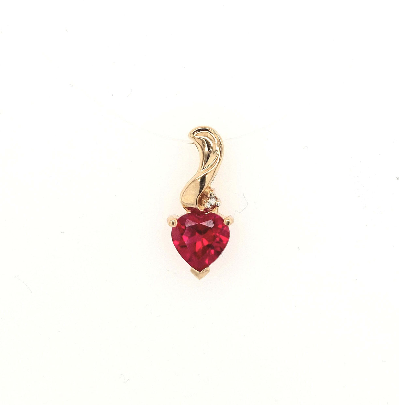 10K Yellow Gold Lab-Grown Heart Shape Ruby Pendant w/ One Small Diamond Accent Gram Weight:0.75g