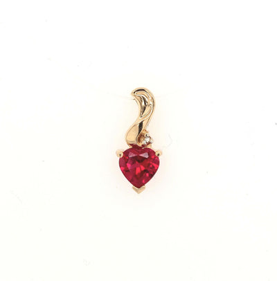 10K Yellow Gold Lab-Grown Heart Shape Ruby Pendant w/ One Small Diamond Accent Gram Weight:0.75g