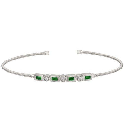 Rhodium Finish SS Cable Cuff Bracelet with Simulated Emeralds and Simulated Diamonds