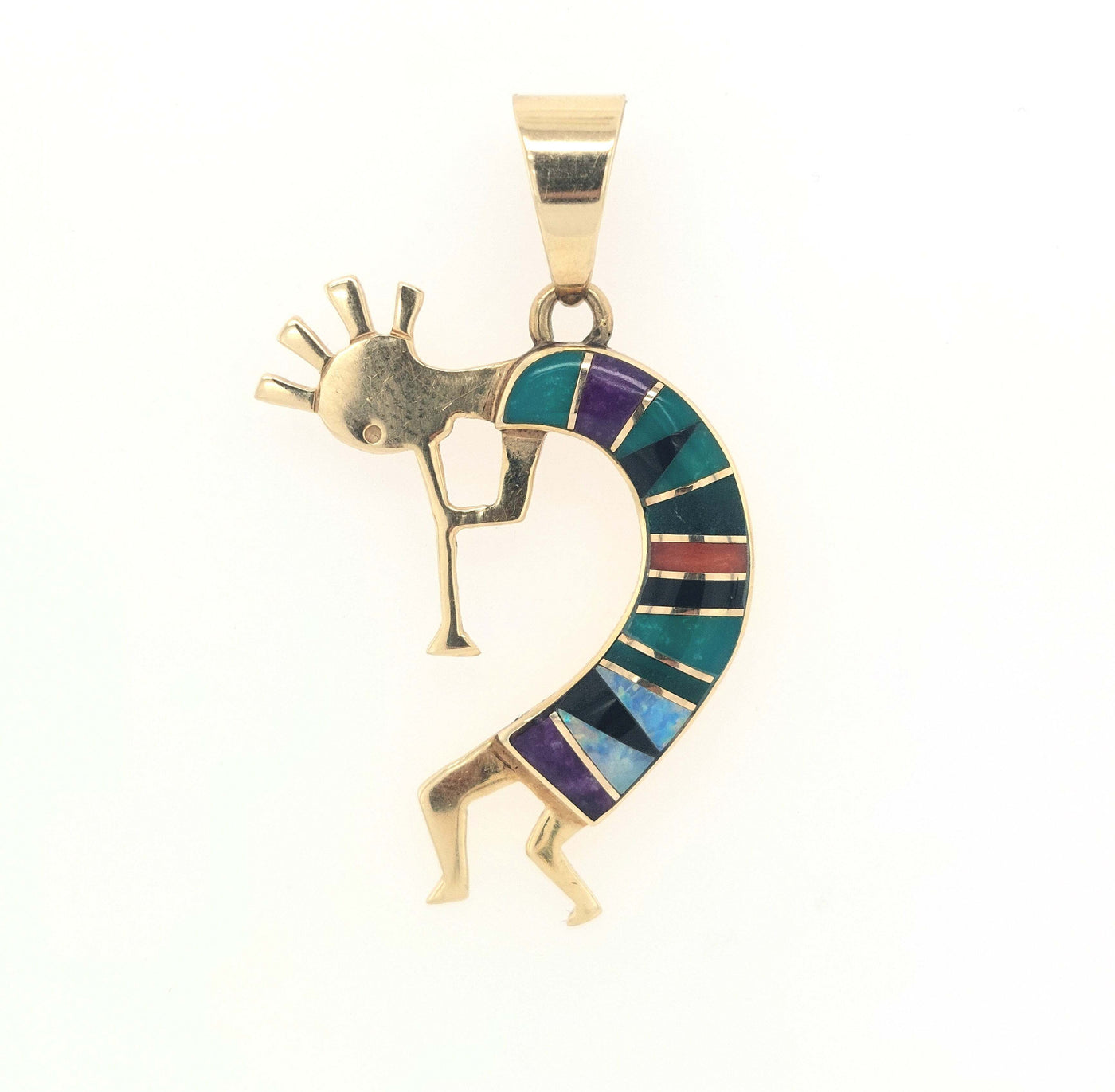 14K Yellow Gold Kokopelli Colorful Stones Inlay Pendant Gram Weight:4.1g