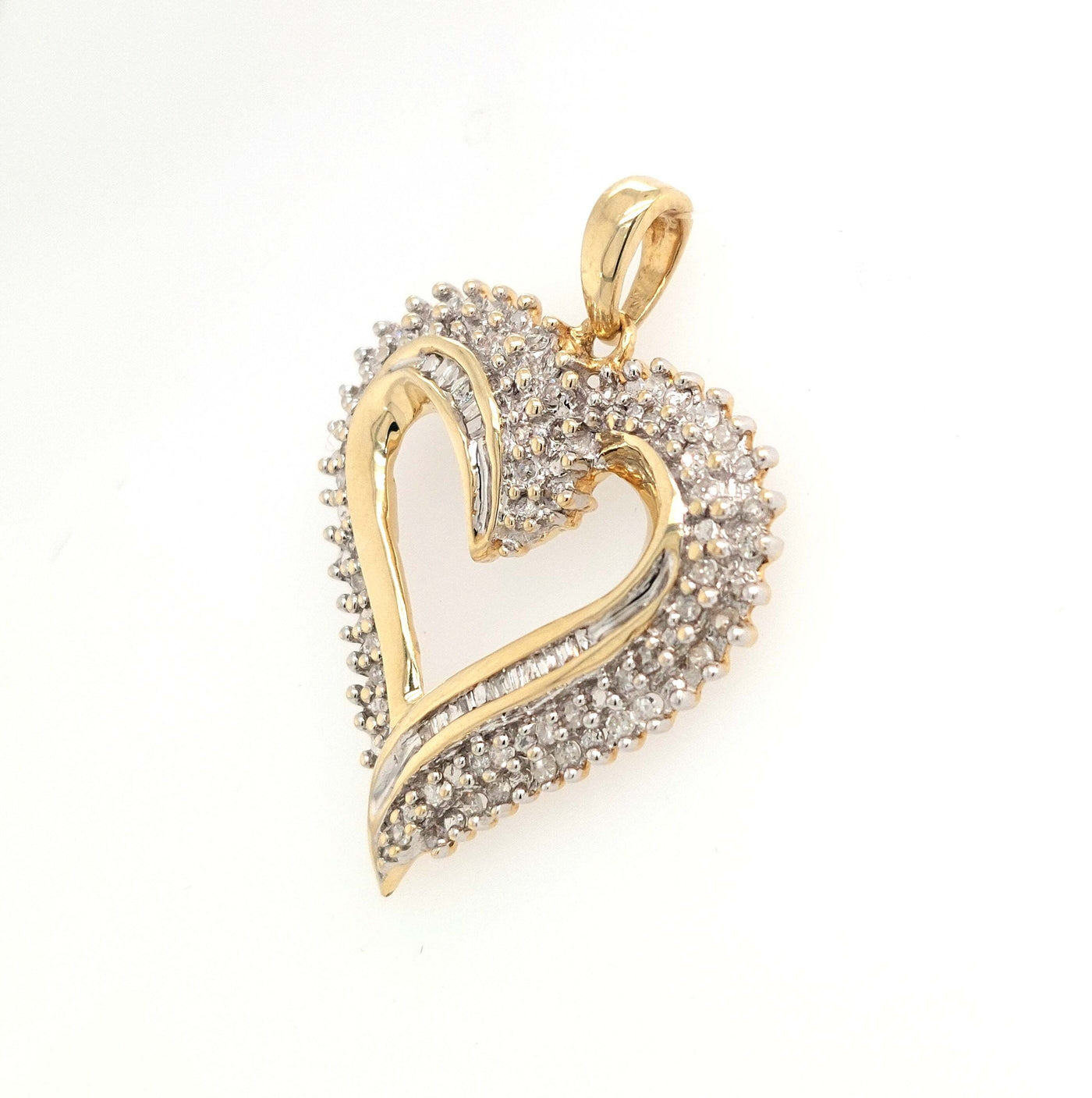 10K Two-Tone Gold Diamond Heart Pendant 1.00ctTW approx. with H-I/SI RBC & Baguette Diamonds 