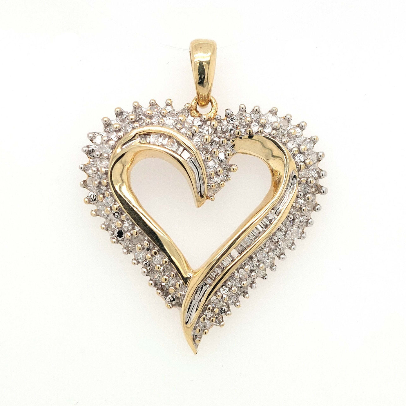 10K Two-Tone Gold Diamond Heart Pendant 1.00ctTW approx. with H-I/SI RBC & Baguette Diamonds 