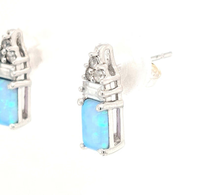 SS Synthetic Blue Opal & CZ Earring Pair with Friction Posts & Backs Gram Weight:1.5g